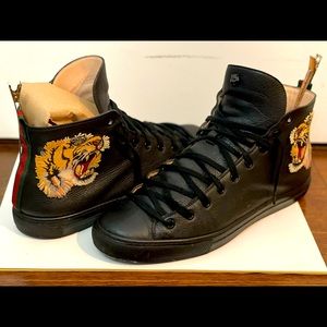 Gucci Black Leather Tiger Patch High Top Sneakers
